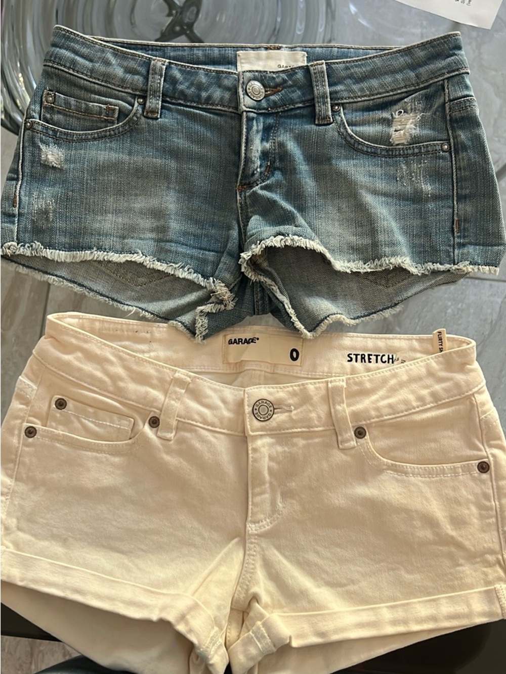 Garage Blue Distressed Denim & White Stretch Shorts - Two-Pack